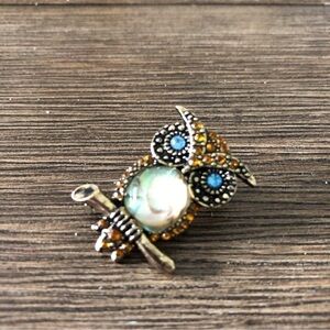 enamel rhinestone orange owl on branch brooch